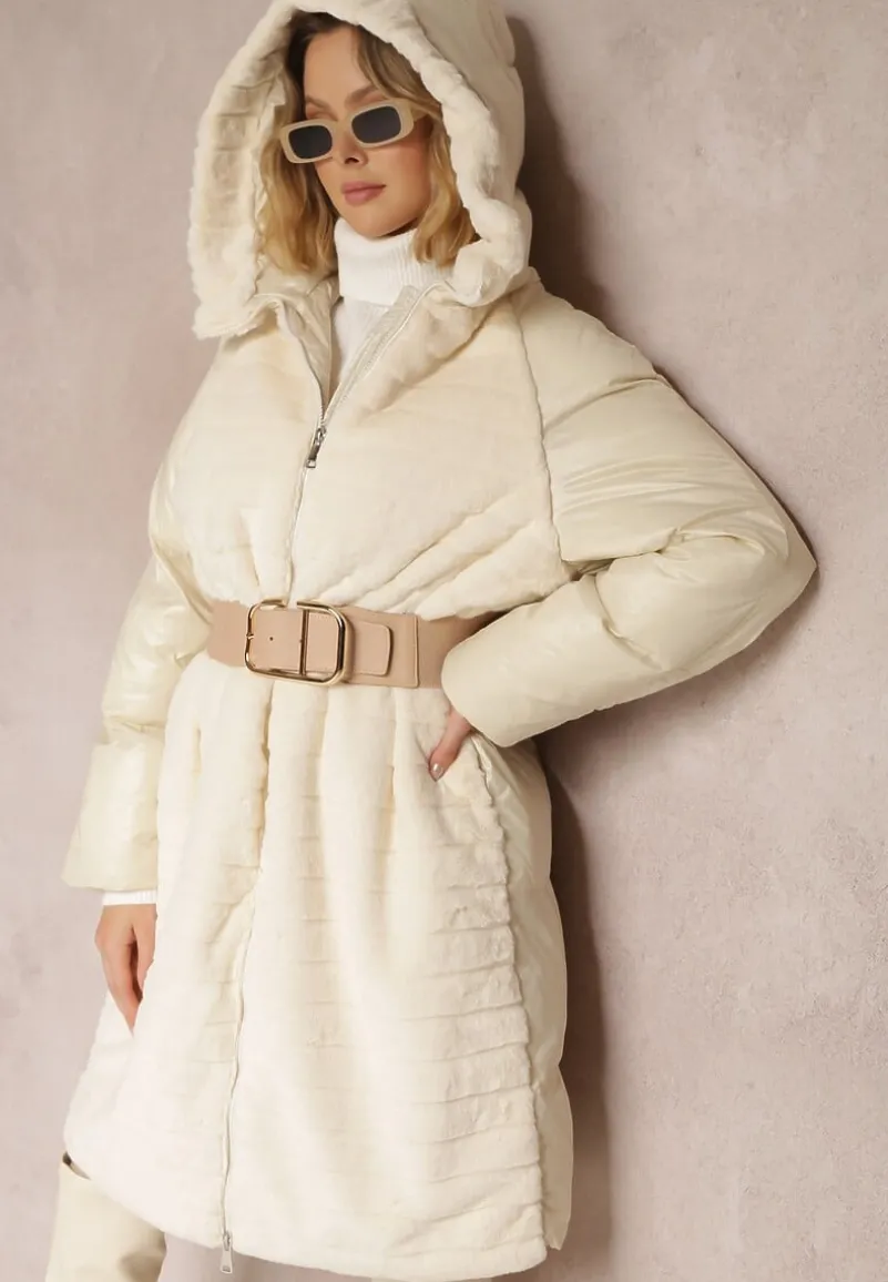 Jasnobeżowa Kurtka Futerko Pikowana z Kapturem Alysa