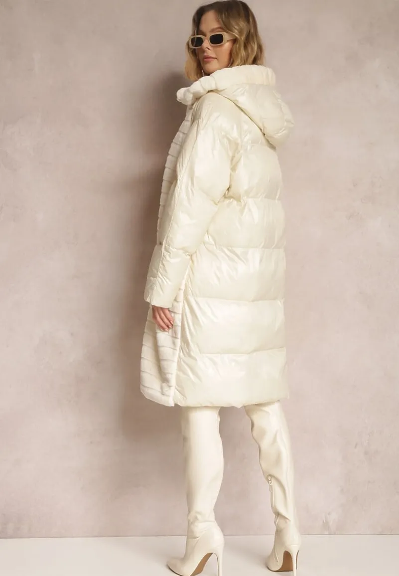 Jasnobeżowa Kurtka Futerko Pikowana z Kapturem Alysa