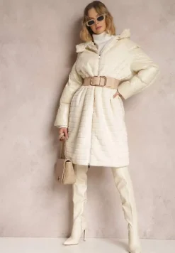Jasnobeżowa Kurtka Futerko Pikowana z Kapturem Alysa