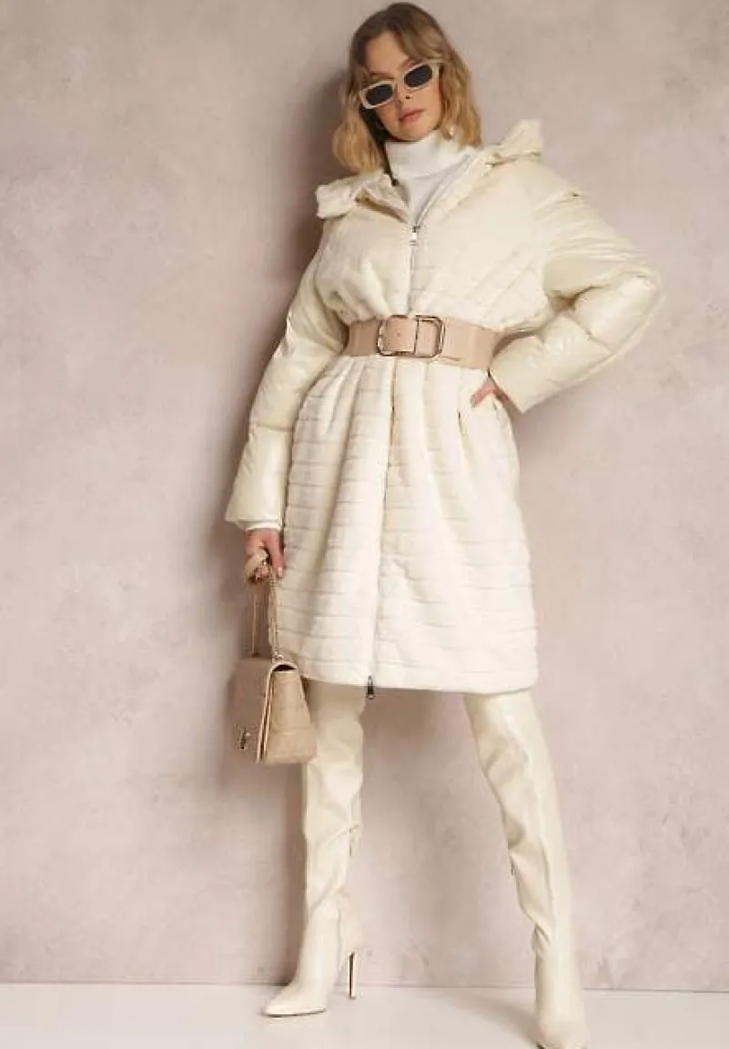 Jasnobeżowa Kurtka Futerko Pikowana z Kapturem Alysa