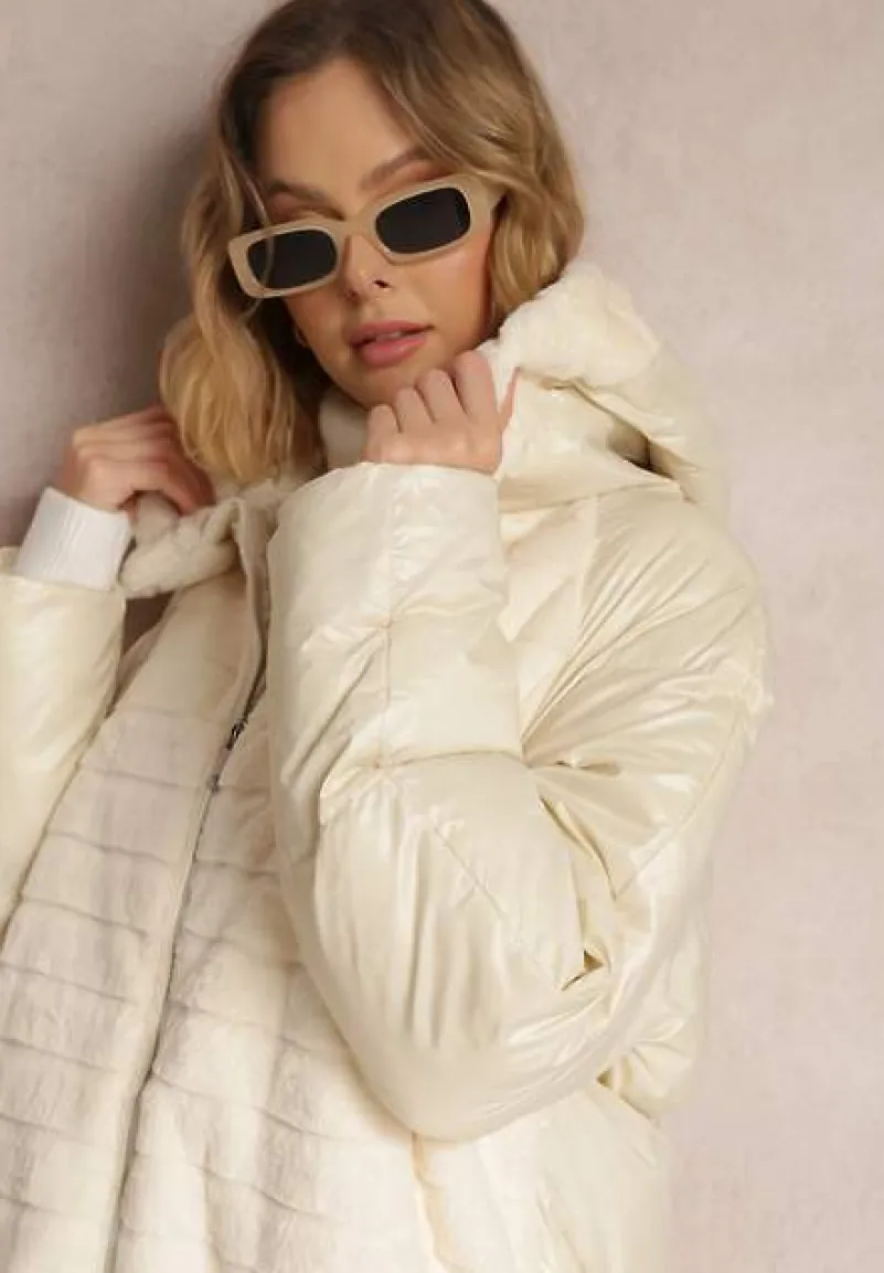 Jasnobeżowa Kurtka Futerko Pikowana z Kapturem Alysa