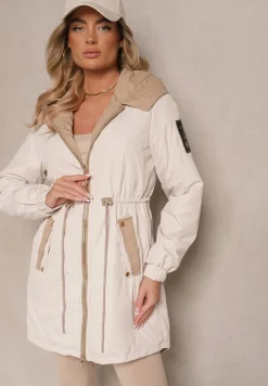 Jasnobeżowa Kurtka o Kroju Parki z Kapturem i Ściągaczem w Talii Zizana