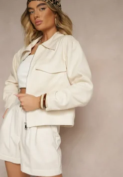 Jasnobeżowa Kurtka Ozdobiona Kieszeniami z Klapami Galerenia