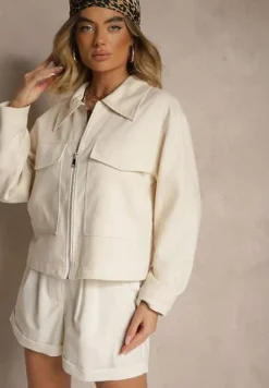 Jasnobeżowa Kurtka Ozdobiona Kieszeniami z Klapami Galerenia
