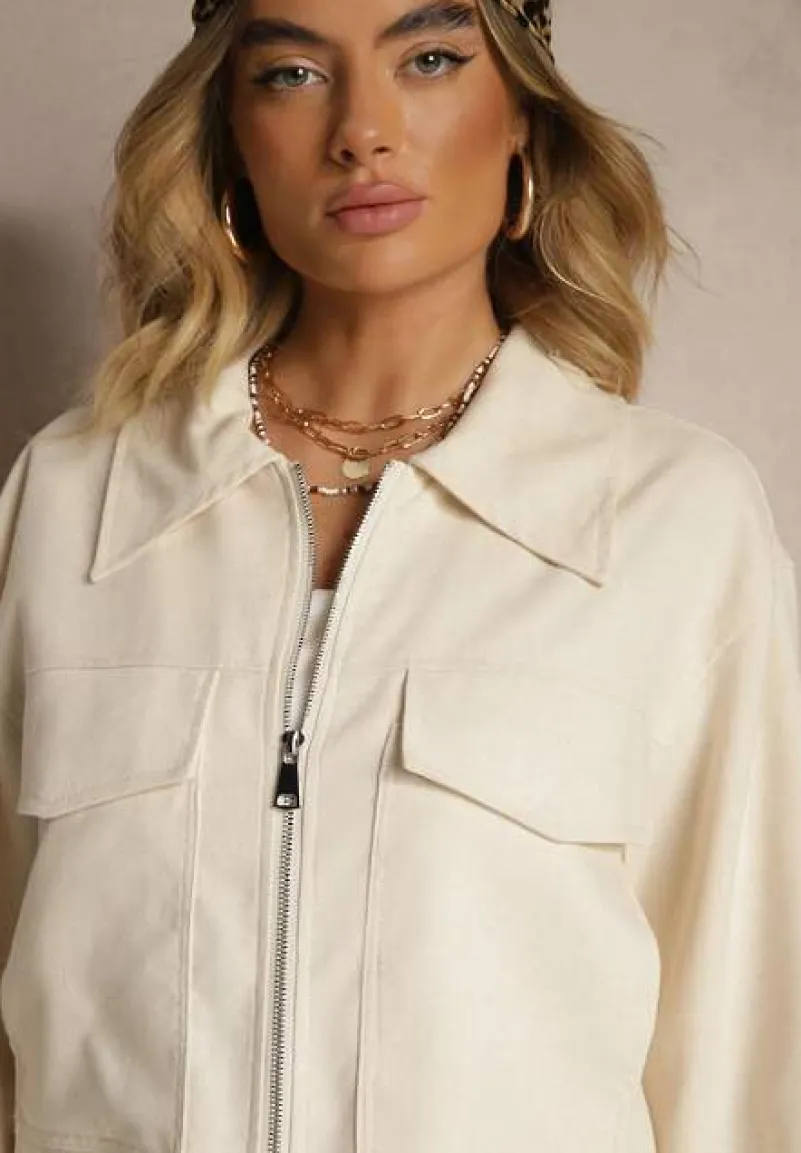 Jasnobeżowa Kurtka Ozdobiona Kieszeniami z Klapami Galerenia