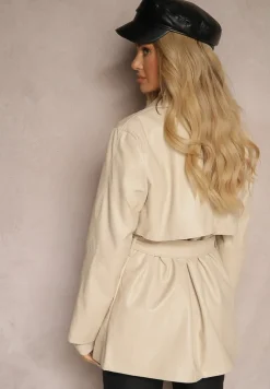 Jasnobeżowa Kurtka Płaszcz z Paskiem w Pasie o Taliowanym Kroju z Ekoskóry Walania