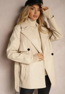 Jasnobeżowa Kurtka Płaszcz z Paskiem w Pasie o Taliowanym Kroju z Ekoskóry Walania