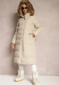 Jasnobeżowa Kurtka Płaszcz z Poziomym Pikowaniem i Kapturem z Futerkiem Eclissi