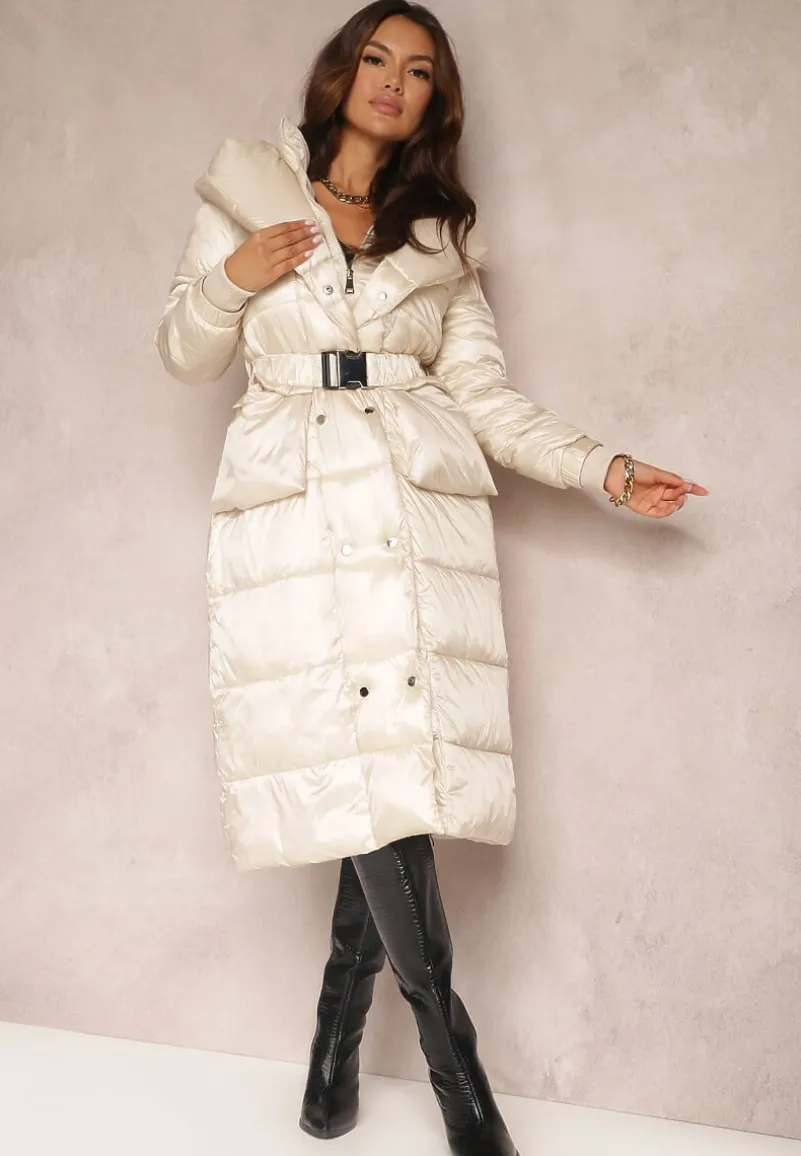 Jasnobeżowa Kurtka Pikowana Długa Dudlat