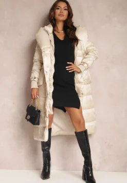 Jasnobeżowa Kurtka Pikowana Długa Dudlat