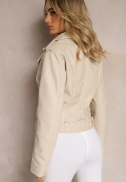 Jasnobeżowa Kurtka Ramoneska z Paskiem ze Sprzączką na Dole i Asymetrycznym Zapięciem Lysa