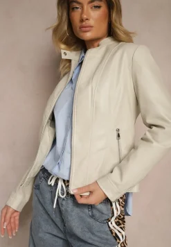 Jasnobeżowa Kurtka Ramoneska z Ozdobnymi Przeszyciami Idivona