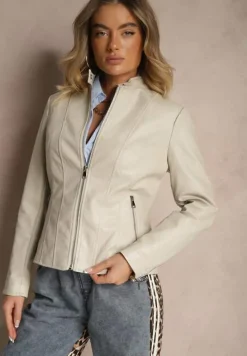 Jasnobeżowa Kurtka Ramoneska z Ozdobnymi Przeszyciami Idivona