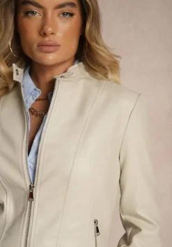 Jasnobeżowa Kurtka Ramoneska z Ozdobnymi Przeszyciami Idivona