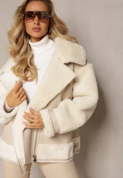 Jasnobeżowa Kurtka Ramoneska z Futerkiem Mysteri