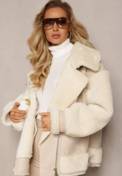 Jasnobeżowa Kurtka Ramoneska z Futerkiem Mysteri