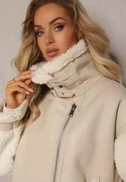 Jasnobeżowa Kurtka Ramoneska z Futerkiem Mysteri