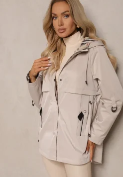 Jasnobeżowa Kurtka Typu Parka z Troczkami w Talii Kapturem i Kieszeniami Kaivara