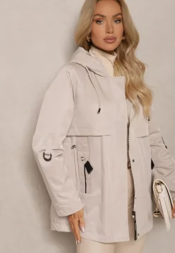 Jasnobeżowa Kurtka Typu Parka z Troczkami w Talii Kapturem i Kieszeniami Kaivara