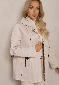 Jasnobeżowa Kurtka Typu Parka z Troczkami w Talii Kapturem i Kieszeniami Kaivara