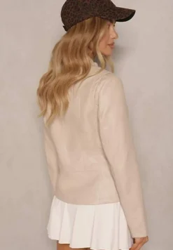 Jasnobeżowa Kurtka Typu Ramoneska ze Stójką o Taliowanym Kroju Zalithara