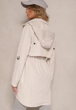 Jasnobeżowa Kurtka Utility Parka z Odpinanym Kapturem i Wiązaniem w Talii Kalirne