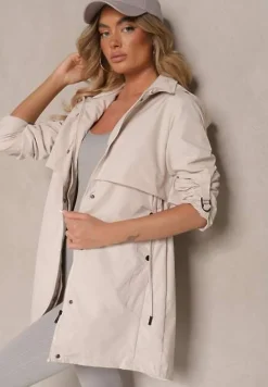 Jasnobeżowa Kurtka Utility Parka z Odpinanym Kapturem i Wiązaniem w Talii Kalirne