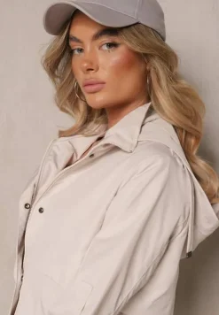Jasnobeżowa Kurtka Utility Parka z Odpinanym Kapturem i Wiązaniem w Talii Kalirne