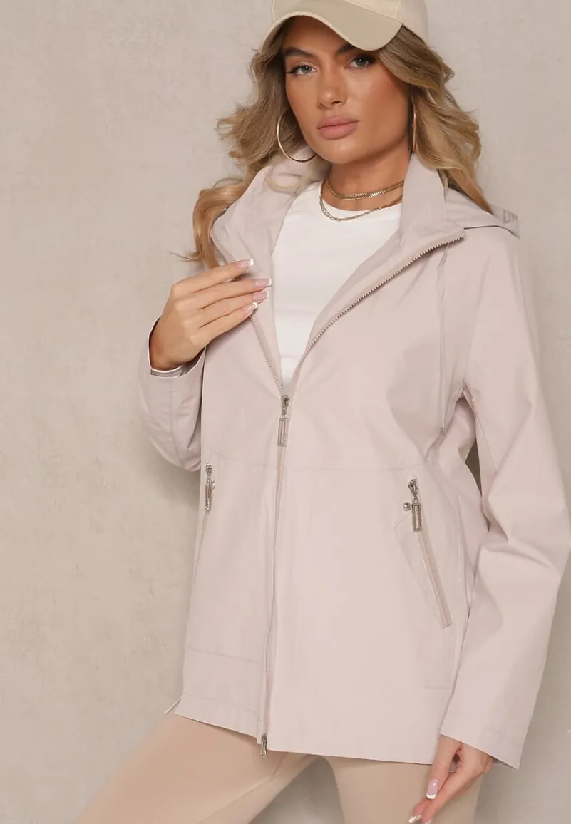 Jasnobeżowa Kurtka w Stylu Wiatrówki z Odpinanym Kapturem Ndivena