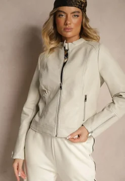 Jasnobeżowa Kurtka w Stylu Ramoneski z Ozdobnymi Paskiem i Suwakami Idivane