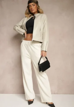 Jasnobeżowa Kurtka w Stylu Ramoneski z Ozdobnymi Paskiem i Suwakami Idivane