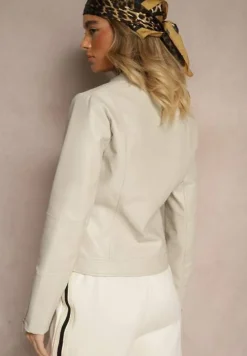 Jasnobeżowa Kurtka w Stylu Ramoneski z Ozdobnymi Paskiem i Suwakami Idivane