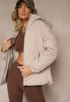 Jasnobeżowa Kurtka z Kapturem Ozdobiona Pikowaniem Lilora