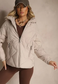 Jasnobeżowa Kurtka z Kapturem Ozdobiona Pikowaniem Lilora