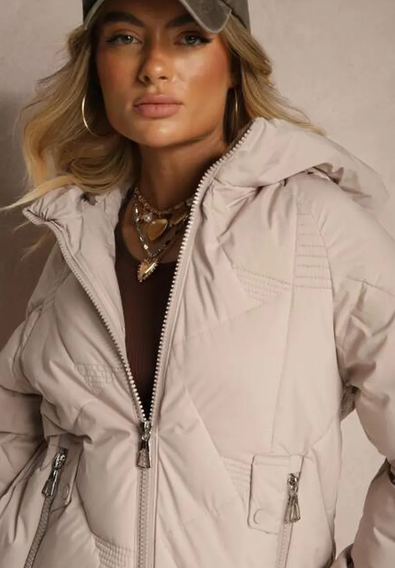 Jasnobeżowa Kurtka z Kapturem Ozdobiona Pikowaniem Lilora