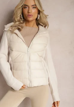 Jasnobeżowa Kurtka z Kapturem Ozdobiona Skośnym Pikowaniem Faneli