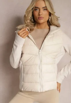 Jasnobeżowa Kurtka z Kapturem Ozdobiona Skośnym Pikowaniem Faneli