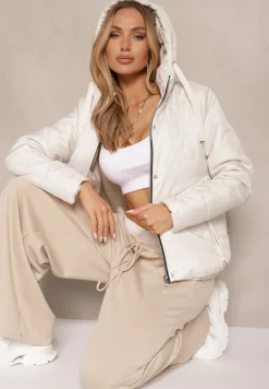 Jasnobeżowa Kurtka z Pikowanymi Przeszyciami i Kapturem Zdobiona Sznurkami Evivienne