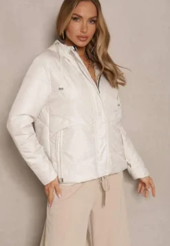 Jasnobeżowa Kurtka z Pikowanymi Przeszyciami i Kapturem Zdobiona Sznurkami Evivienne