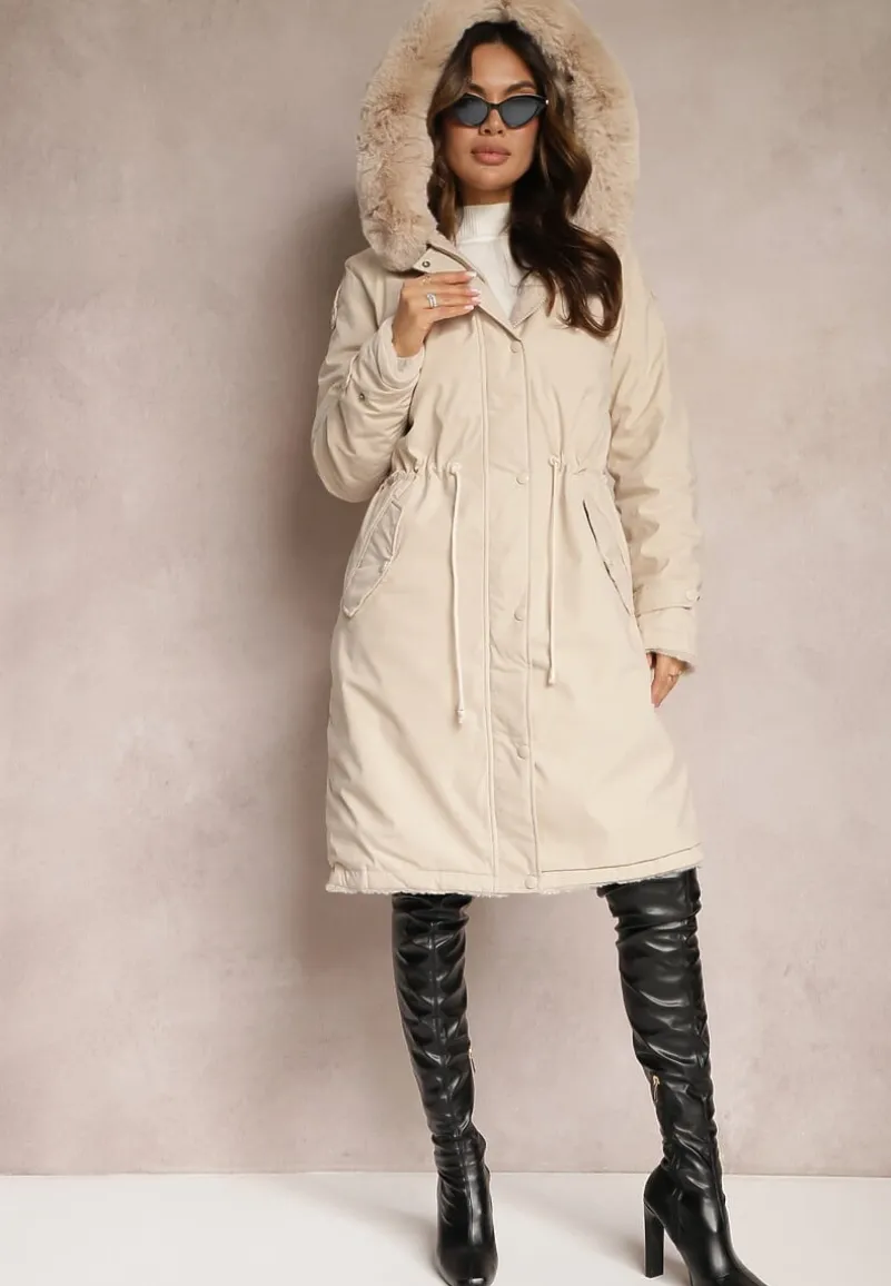 Jasnobeżowa Kurtka za Kolano ze Ściągaczem i Kapturem Elinda