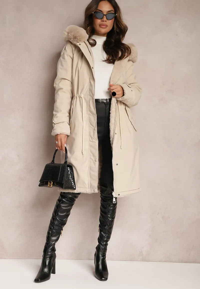 Jasnobeżowa Kurtka za Kolano ze Ściągaczem i Kapturem Elinda