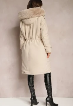 Jasnobeżowa Kurtka za Kolano ze Ściągaczem i Kapturem Elinda