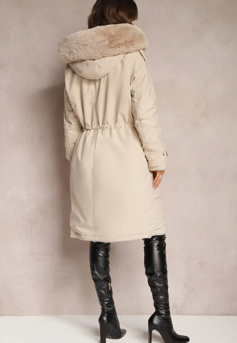 Jasnobeżowa Kurtka za Kolano ze Ściągaczem i Kapturem Elinda