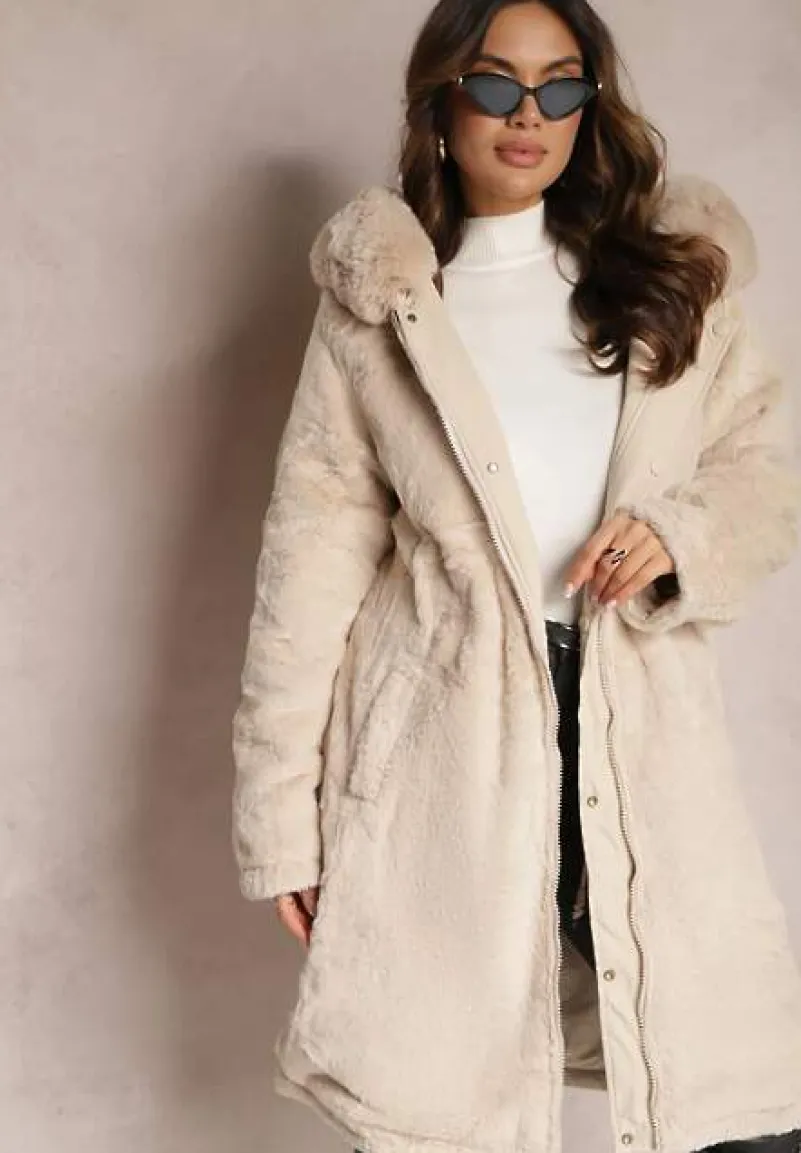 Jasnobeżowa Kurtka za Kolano ze Ściągaczem i Kapturem Elinda