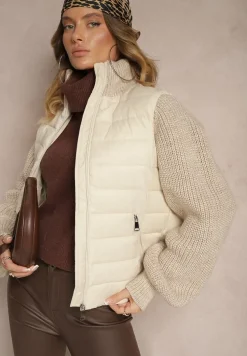 Jasnobeżowa Kurtka ze Sweterkowego Materiału i z Ozdobnym Pikowaniem Vertinae