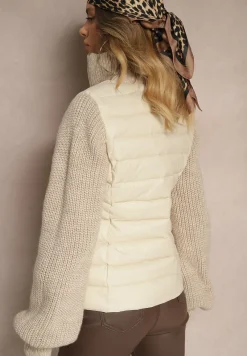 Jasnobeżowa Kurtka ze Sweterkowego Materiału i z Ozdobnym Pikowaniem Vertinae