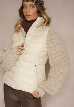 Jasnobeżowa Kurtka ze Sweterkowego Materiału i z Ozdobnym Pikowaniem Vertinae