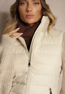 Jasnobeżowa Kurtka ze Sweterkowego Materiału i z Ozdobnym Pikowaniem Vertinae