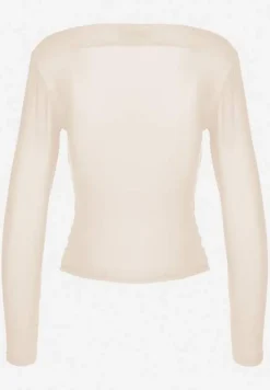 Jasnobeżowa Marszczona Bluzka z Siateczki Zdobiona Aplikacją w Kształcie Róży Olirisa