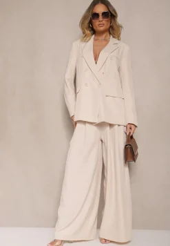 Jasnobeżowa Marynarka Dwurzędowa z Usztywnionymi Ramionami Emivori